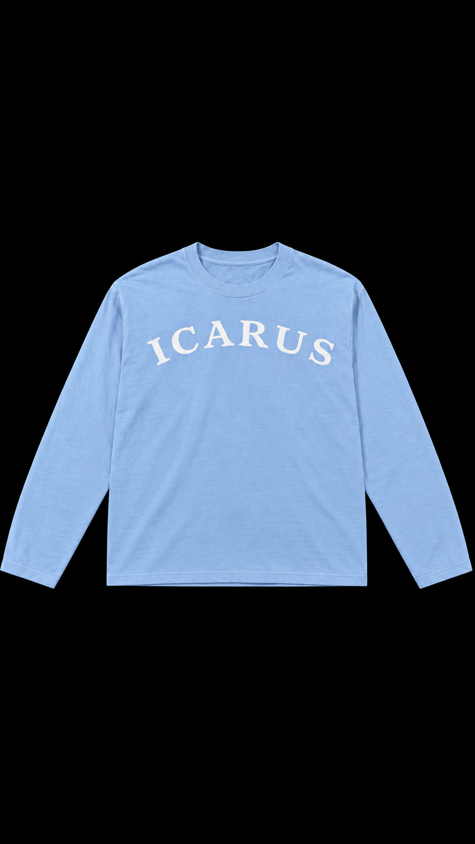 Front of baby blue ICARUS longsleeve with white ICARUS lettering