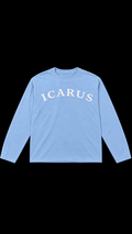 Front of baby blue ICARUS longsleeve with white ICARUS lettering