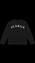 Front of black ICARUS longsleeve with ICARUS lettering