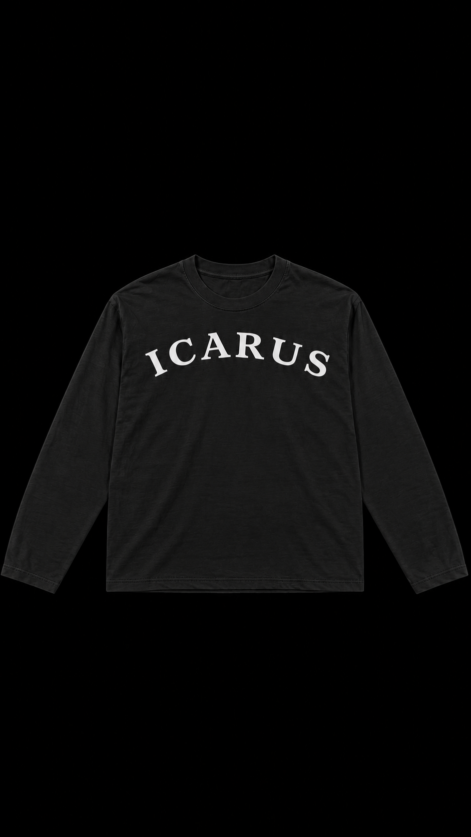 Front of black ICARUS longsleeve with ICARUS lettering