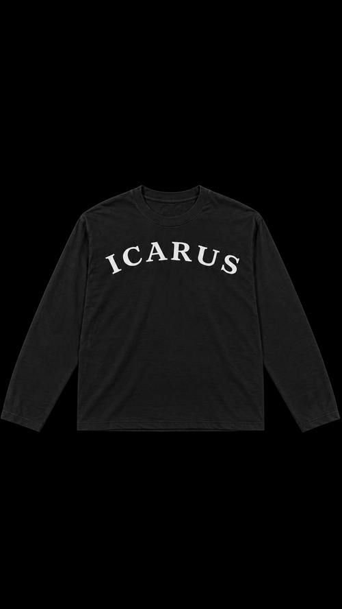 Front of black ICARUS longsleeve with ICARUS lettering