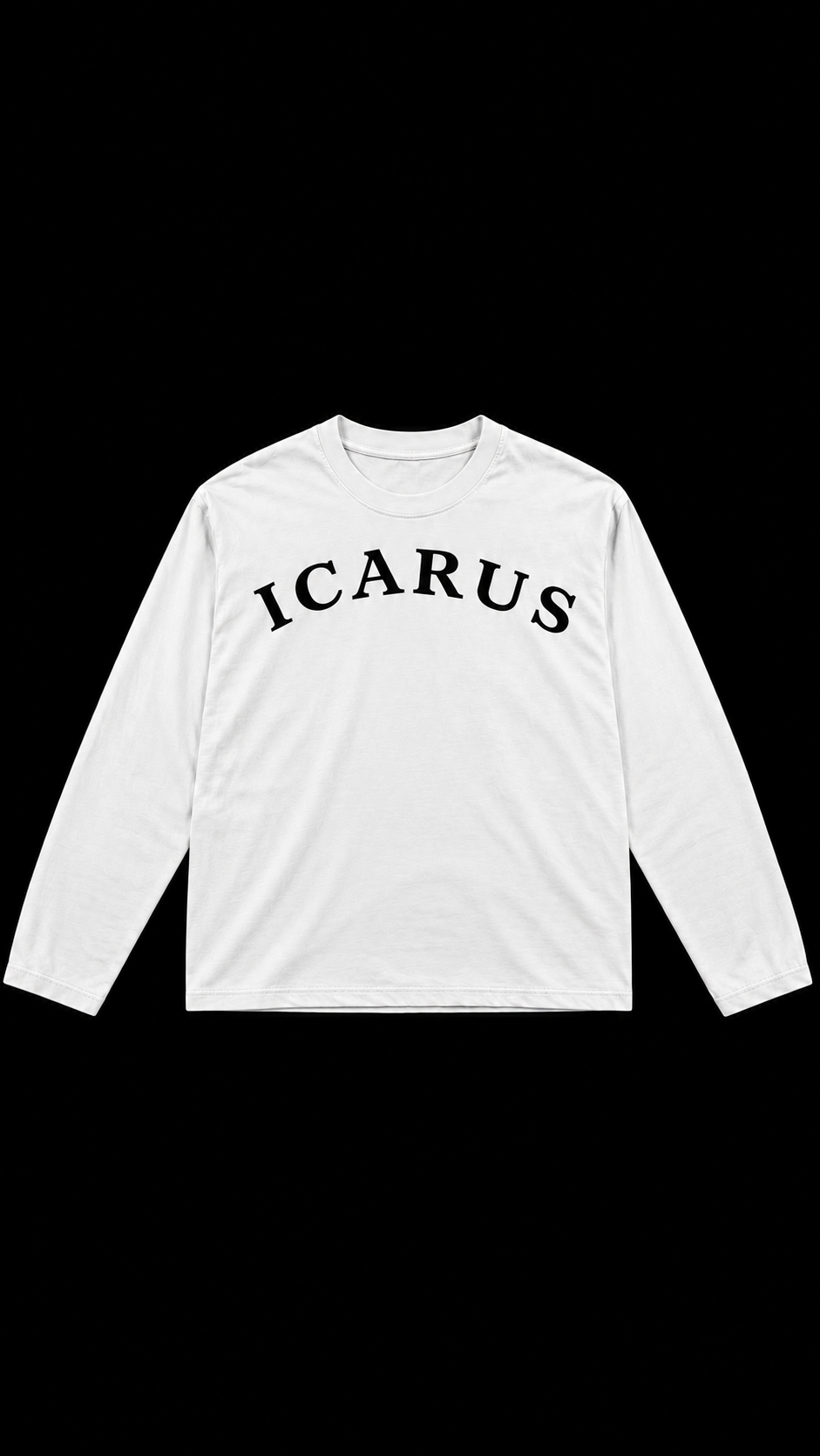 Front of white ICARUS longsleeve with black ICARUS lettering