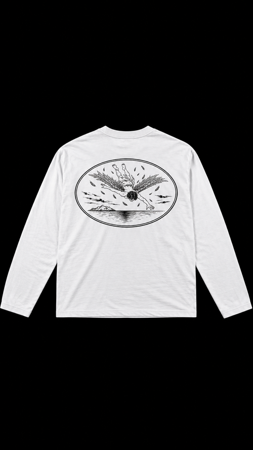 Back of white ICARUS longsleeve with illustrated design