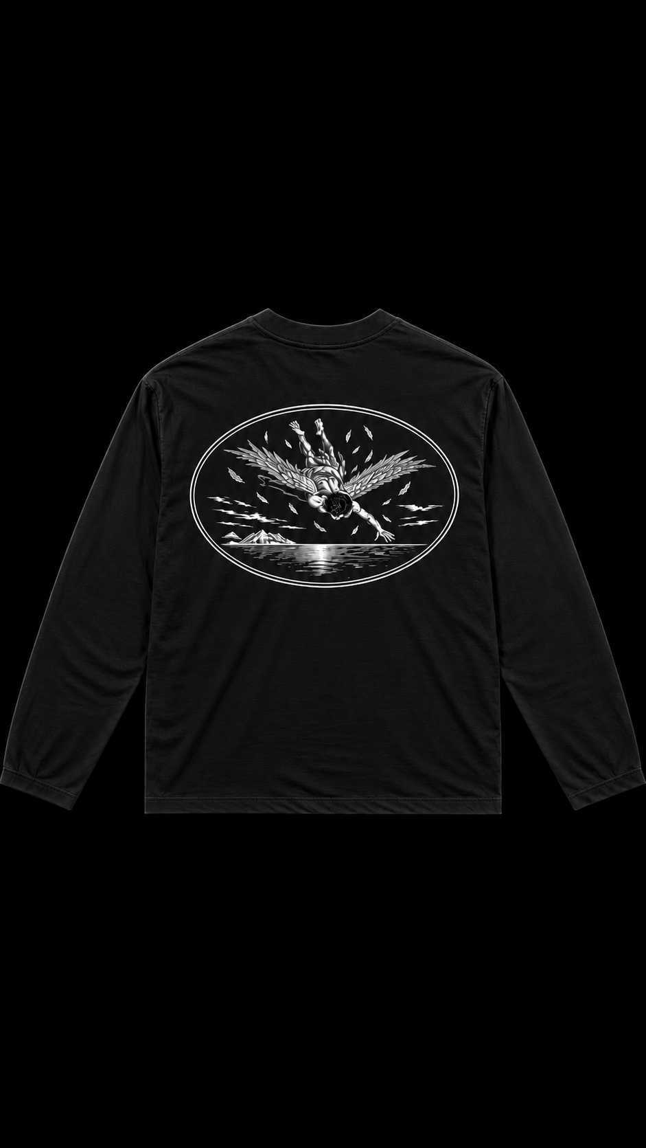 Back of black ICARUS longsleeve with illustrated design