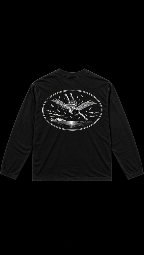 Back of black ICARUS longsleeve with illustrated design