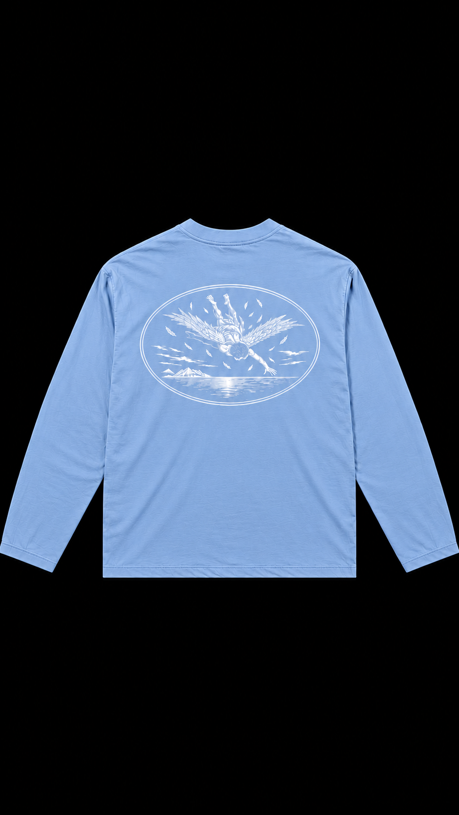 Back of baby blue ICARUS longsleeve with illustrated design