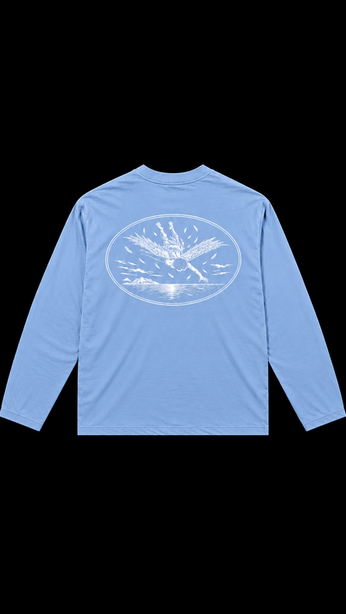 Back of baby blue ICARUS longsleeve with illustrated design